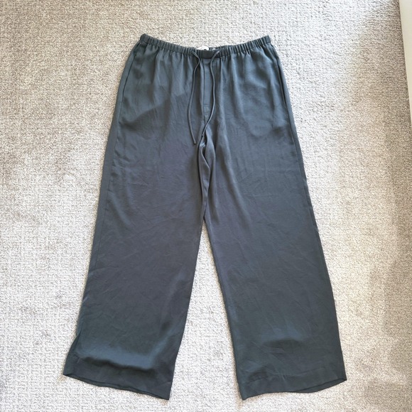 Vince Pants - Vince Satin Fluid Bias Cut Wide Leg Drawstring Pants Green Grey XL Minimal